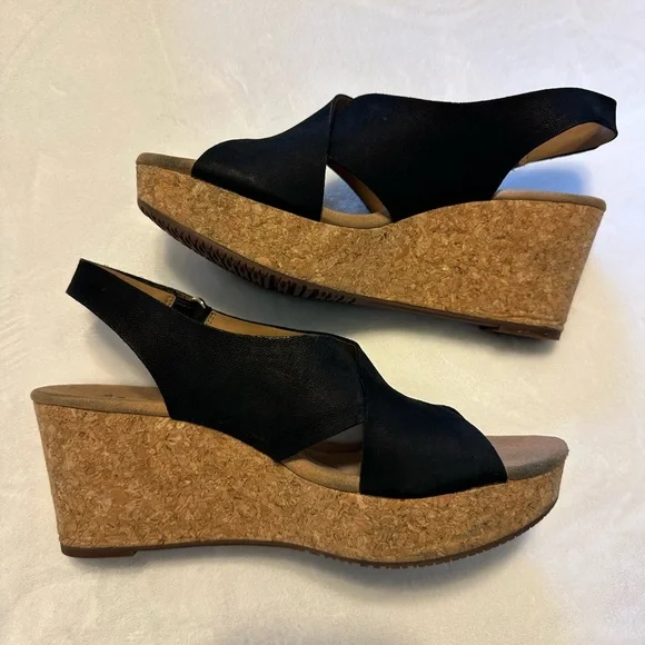 Clarks Black Wedge Sandals with Cork Sole - Picture 2 of 5